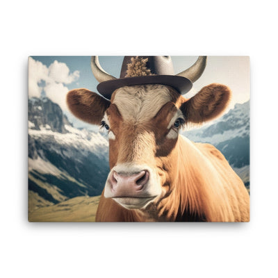 Kuh mit Hut in den Alpen - Berge im Hintergrund - Landschaftsmalerei - Leinwand berge xxx 45.7 x 61 cm