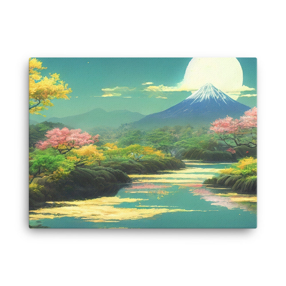 Berg, See und Wald mit pinken Bäumen - Landschaftsmalerei - Leinwand berge xxx 45.7 x 61 cm
