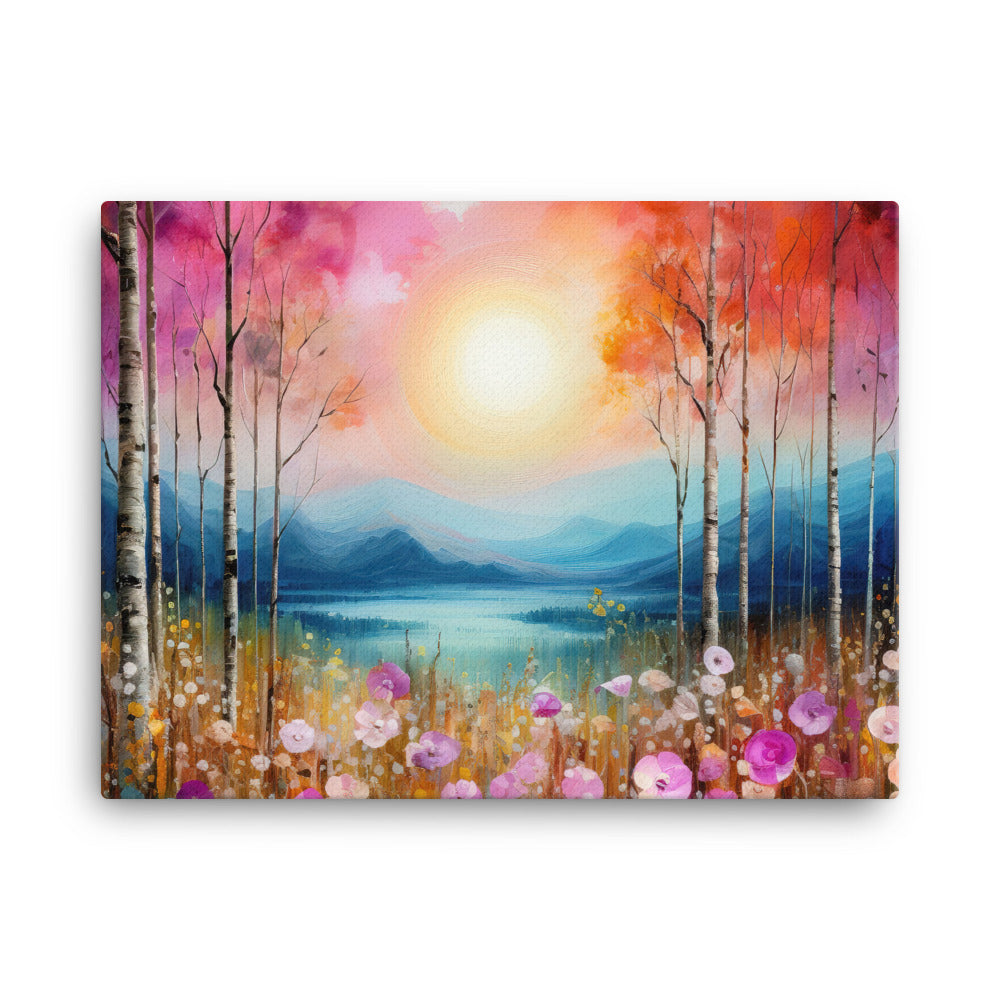 Berge, See, pinke Bäume und Blumen - Malerei - Leinwand berge xxx 45.7 x 61 cm