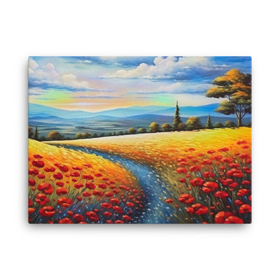 Feld mit roten Blumen und Berglandschaft - Landschaftsmalerei - Leinwand berge xxx 45.7 x 61 cm