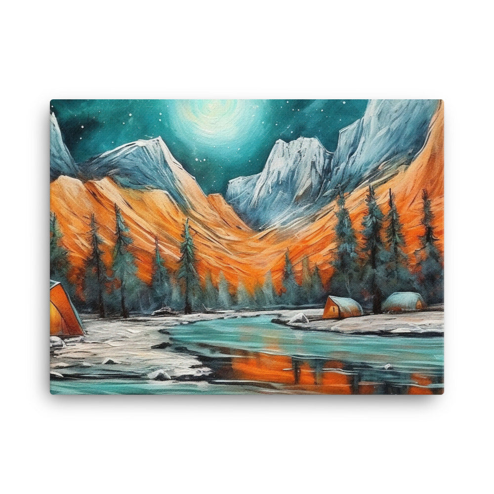 Berglandschaft und Zelte - Nachtstimmung - Landschaftsmalerei - Leinwand camping xxx 45.7 x 61 cm
