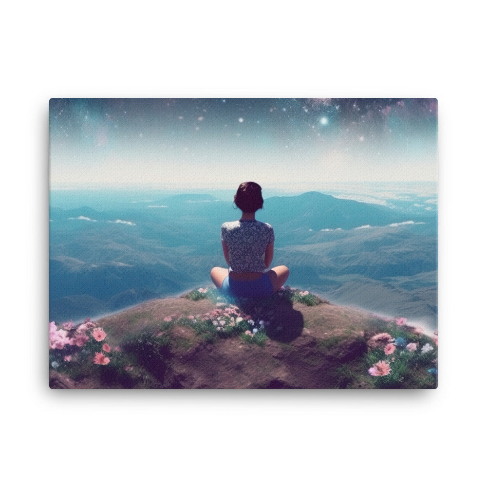 Frau sitzt auf Berg – Cosmos und Sterne im Hintergrund - Landschaftsmalerei - Leinwand berge xxx 45.7 x 61 cm