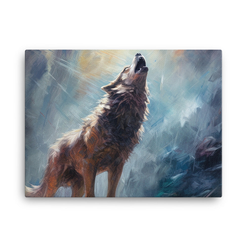 Heulender Wolf auf Berggipfel und Mond im Hintergrund – Abstrakte Malerei - Leinwand camping xxx 45.7 x 61 cm