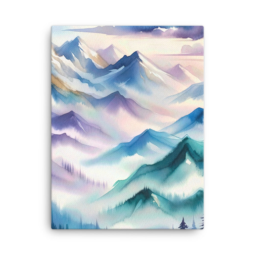Ein Aquarellgemälde der Alpen in einem sanften, traumhaften Stil. Die Berge werden in Strichen mit Gold wiedergegeben - Leinwand berge xxx yyy zzz 45.7 x 61 cm