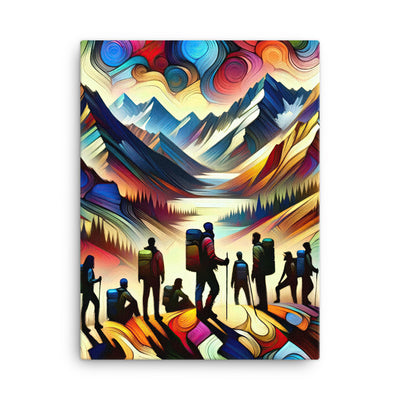Abstraktes Kunstgemälde der Alpen voller lebendiger Muster. Ein vielfältiges Wanderteam, sowohl Männer als auch Frauen - Leinwand wandern xxx yyy zzz 45.7 x 61 cm
