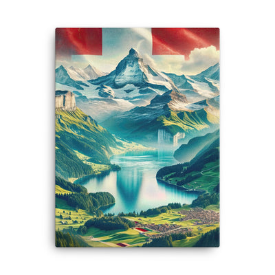 Berg Panorama: Schneeberge und Täler mit Schweizer Flagge - Leinwand berge xxx yyy zzz 45.7 x 61 cm
