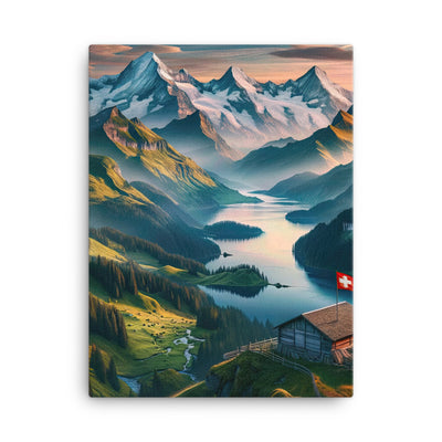 Schweizer Flagge, Alpenidylle: Dämmerlicht, epische Berge und stille Gewässer - Leinwand berge xxx yyy zzz 45.7 x 61 cm