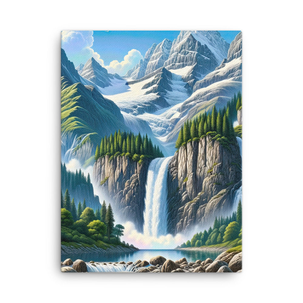 Illustration einer unberührten Alpenkulisse im Hochsommer. Wasserfall und See - Leinwand berge xxx yyy zzz 45.7 x 61 cm