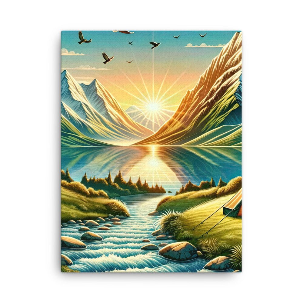 Zelt im Alpenmorgen mit goldenem Licht, Schneebergen und unberührten Seen - Leinwand berge xxx yyy zzz 45.7 x 61 cm