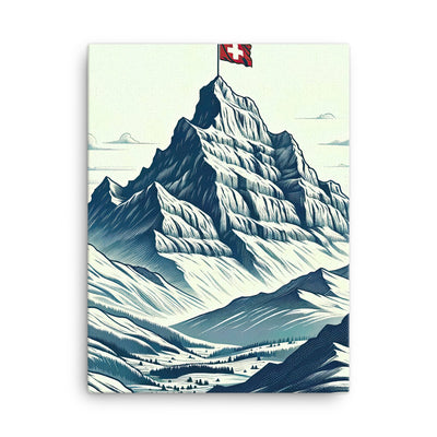 Ausgedehnte Bergkette mit dominierendem Gipfel und wehender Schweizer Flagge - Leinwand berge xxx yyy zzz 45.7 x 61 cm