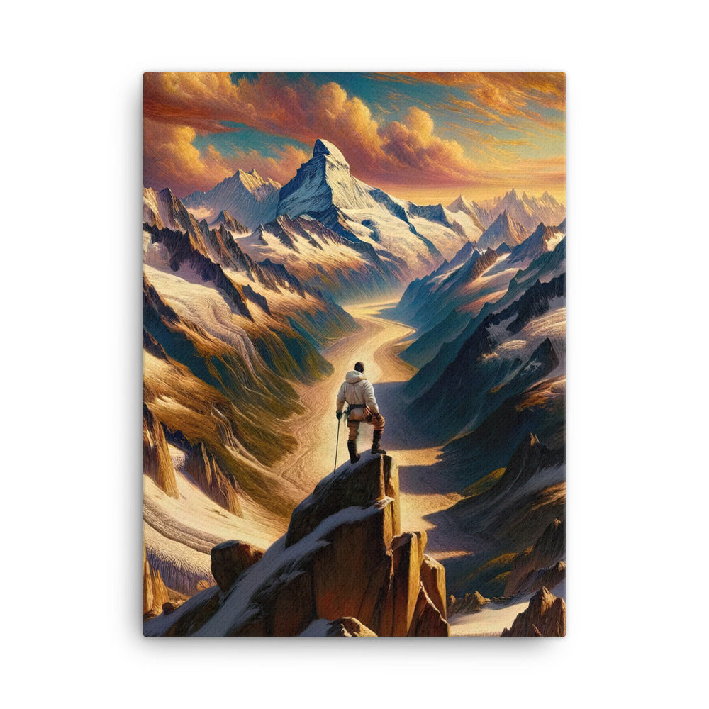 Ölgemälde eines Wanderers auf einem Hügel mit Panoramablick auf schneebedeckte Alpen und goldenen Himmel - Leinwand wandern xxx yyy zzz 45.7 x 61 cm
