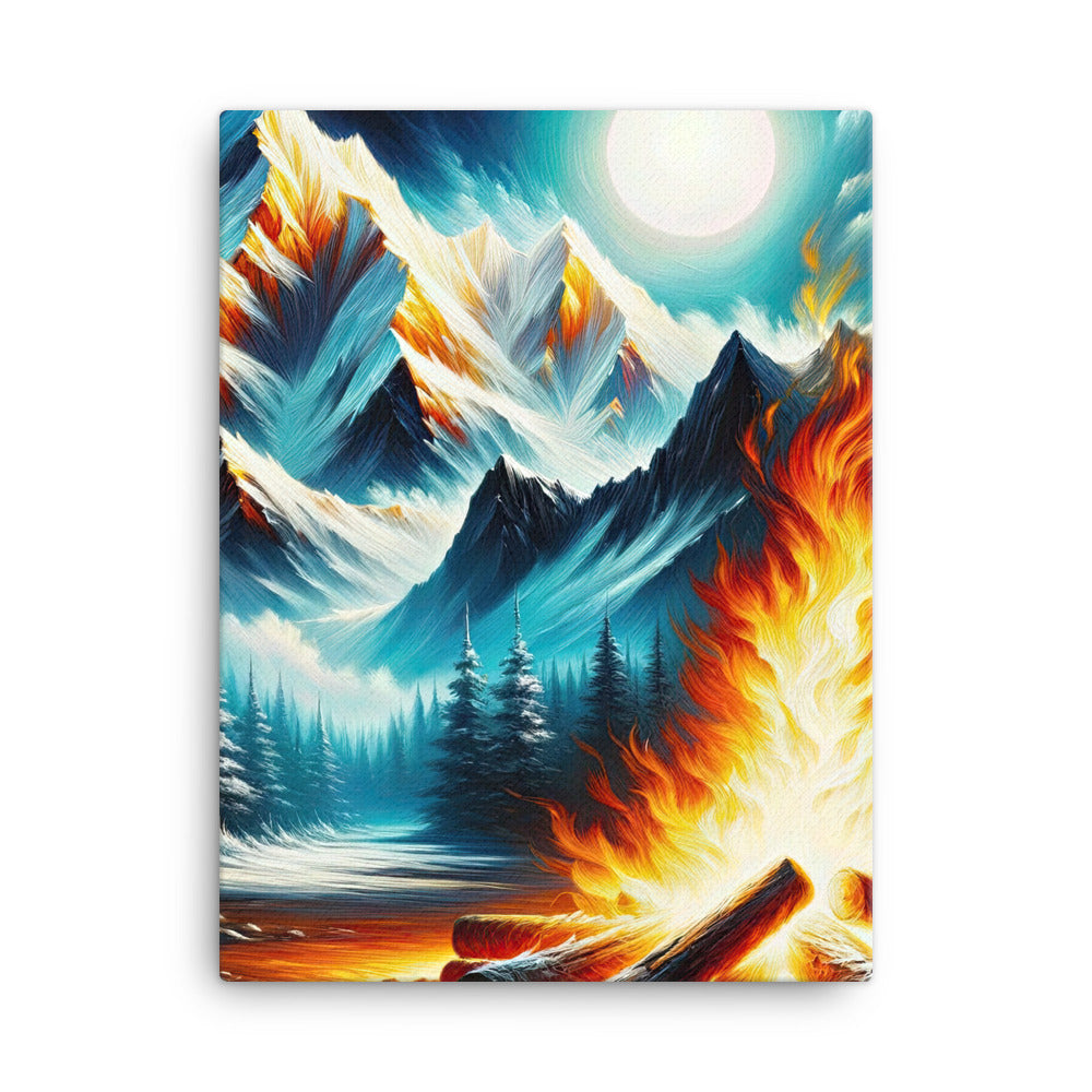 Ölgemälde von Feuer und Eis: Lagerfeuer und Alpen im Kontrast, warme Flammen - Leinwand camping xxx yyy zzz 45.7 x 61 cm
