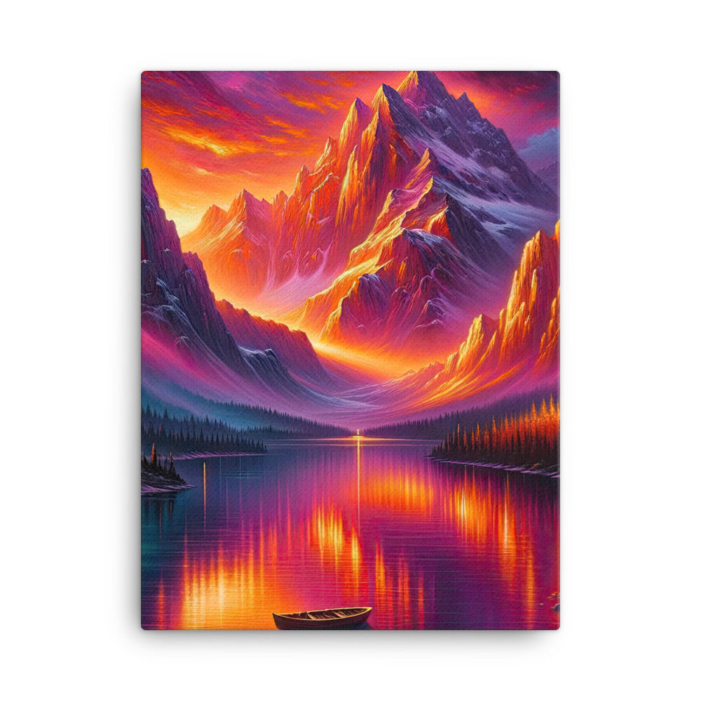 Ölgemälde eines Bootes auf einem Bergsee bei Sonnenuntergang, lebendige Orange-Lila Töne - Leinwand berge xxx yyy zzz 45.7 x 61 cm