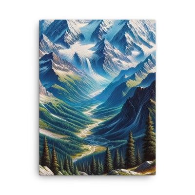 Panorama-Ölgemälde der Alpen mit schneebedeckten Gipfeln und schlängelnden Flusstälern - Leinwand berge xxx yyy zzz 45.7 x 61 cm