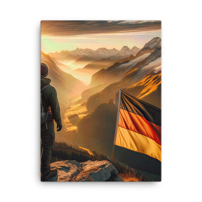 Foto der Alpen bei Sonnenuntergang mit deutscher Flagge und Wanderer, goldenes Licht auf Schneegipfeln - Leinwand berge xxx yyy zzz 45.7 x 61 cm