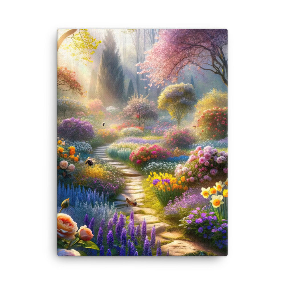 Foto einer Gartenszene im Frühling mit Weg durch blühende Rosen und Veilchen - Leinwand camping xxx yyy zzz 45.7 x 61 cm