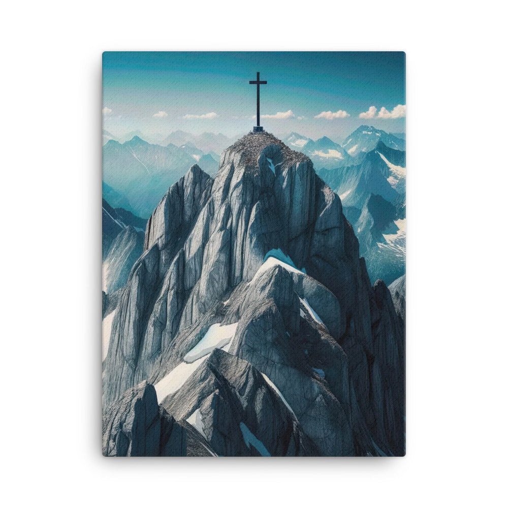 Foto der Alpen mit Gipfelkreuz an einem klaren Tag, schneebedeckte Spitzen vor blauem Himmel - Leinwand berge xxx yyy zzz 45.7 x 61 cm