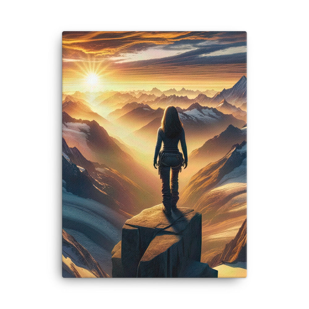 Fotorealistische Darstellung der Alpen bei Sonnenaufgang, Wanderin unter einem gold-purpurnen Himmel - Leinwand wandern xxx yyy zzz 45.7 x 61 cm
