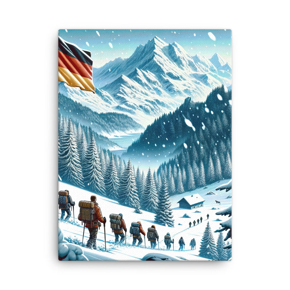 Quadratische Winterillustration der Alpen mit deutscher Flagge und Wanderteam - Leinwand wandern xxx yyy zzz 45.7 x 61 cm
