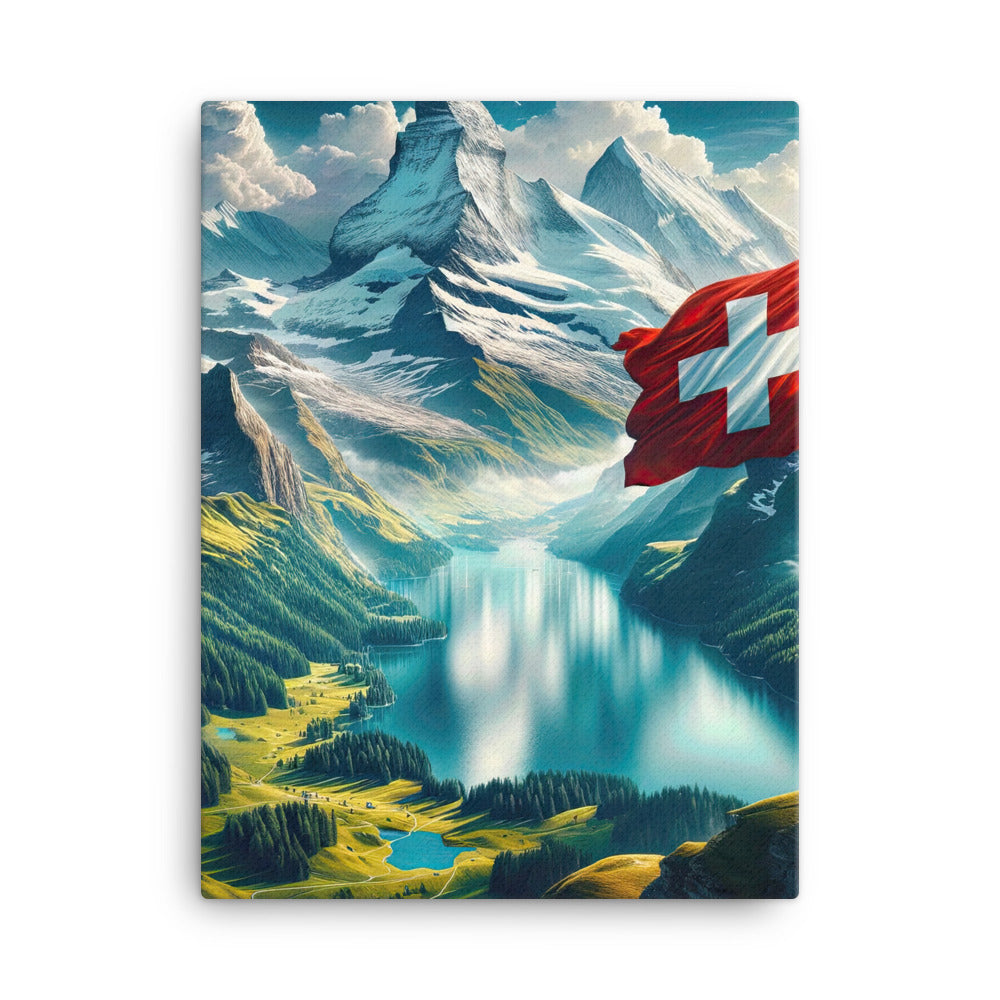 Ultraepische, fotorealistische Darstellung der Schweizer Alpenlandschaft mit Schweizer Flagge - Leinwand berge xxx yyy zzz 45.7 x 61 cm