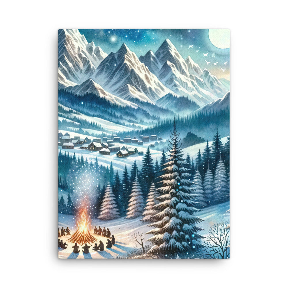 Aquarell eines Winterabends in den Alpen mit Lagerfeuer und Wanderern, glitzernder Neuschnee - Leinwand camping xxx yyy zzz 45.7 x 61 cm