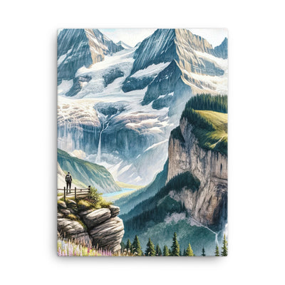 Aquarell-Panoramablick der Alpen mit schneebedeckten Gipfeln, Wasserfällen und Wanderern - Leinwand wandern xxx yyy zzz 45.7 x 61 cm