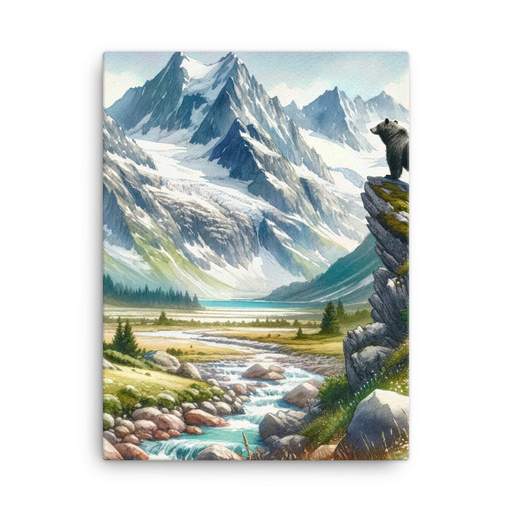 Aquarellmalerei eines Bären und der sommerlichen Alpenschönheit mit schneebedeckten Ketten - Leinwand camping xxx yyy zzz 45.7 x 61 cm