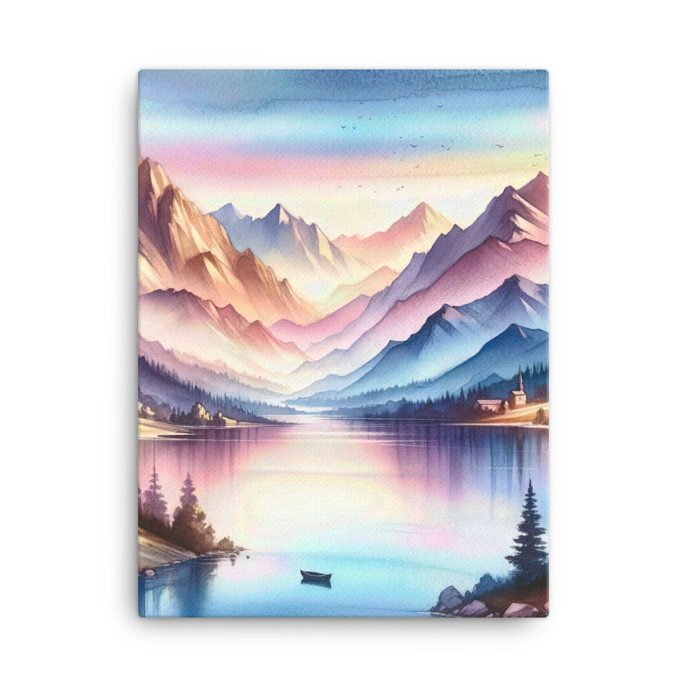 Aquarell einer Dämmerung in den Alpen, Boot auf einem See in Pastell-Licht - Leinwand berge xxx yyy zzz 45.7 x 61 cm