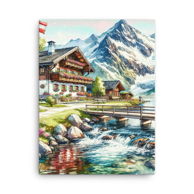 Aquarell der frühlingshaften Alpenkette mit österreichischer Flagge und schmelzendem Schnee - Leinwand berge xxx yyy zzz 45.7 x 61 cm