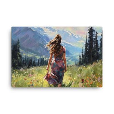 Frau mit langen Kleid im Feld mit Blumen - Berge im Hintergrund - Malerei - Leinwand berge xxx 61 x 91.4 cm