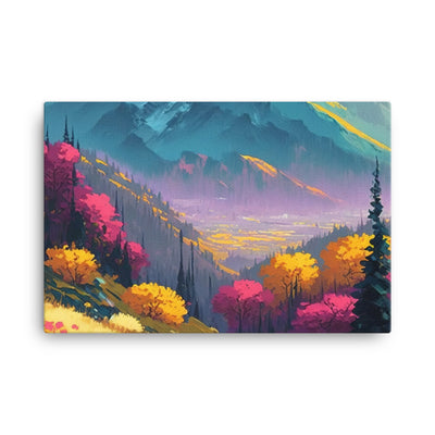 Berge, pinke und gelbe Bäume, sowie Blumen - Farbige Malerei - Leinwand berge xxx 61 x 91.4 cm