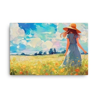Dame mit Hut im Feld mit Blumen - Landschaftsmalerei - Leinwand camping xxx 61 x 91.4 cm