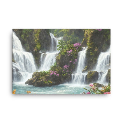 Wasserfall im Wald und Blumen - Schöne Malerei - Leinwand camping xxx 61 x 91.4 cm