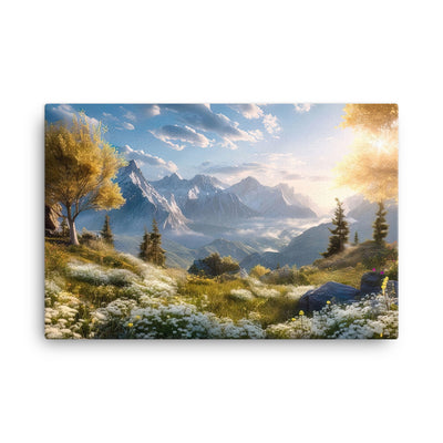 Berglandschaft mit Sonnenschein, Blumen und Bäumen - Malerei - Leinwand berge xxx 61 x 91.4 cm