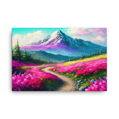 Berg, pinke Blumen und Wanderweg - Landschaftsmalerei - Leinwand berge xxx 61 x 91.4 cm