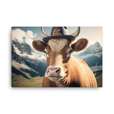 Kuh mit Hut in den Alpen - Berge im Hintergrund - Landschaftsmalerei - Leinwand berge xxx 61 x 91.4 cm