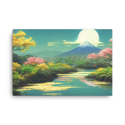 Berg, See und Wald mit pinken Bäumen - Landschaftsmalerei - Leinwand berge xxx 61 x 91.4 cm