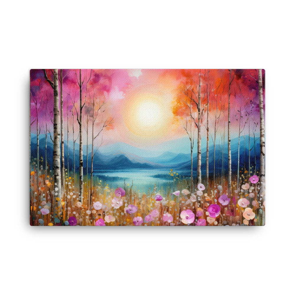 Berge, See, pinke Bäume und Blumen - Malerei - Leinwand berge xxx 61 x 91.4 cm