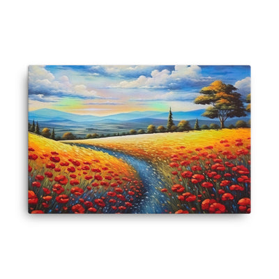 Feld mit roten Blumen und Berglandschaft - Landschaftsmalerei - Leinwand berge xxx 61 x 91.4 cm