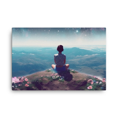 Frau sitzt auf Berg – Cosmos und Sterne im Hintergrund - Landschaftsmalerei - Leinwand berge xxx 61 x 91.4 cm