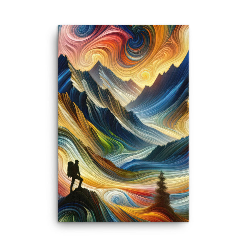 Abstraktes Kunstgemälde der Alpen mit wirbelnden, lebendigen Farben und dynamischen Mustern. Wanderer Silhouette - Leinwand wandern xxx yyy zzz 61 x 91.4 cm
