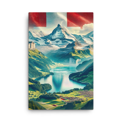Berg Panorama: Schneeberge und Täler mit Schweizer Flagge - Leinwand berge xxx yyy zzz 61 x 91.4 cm