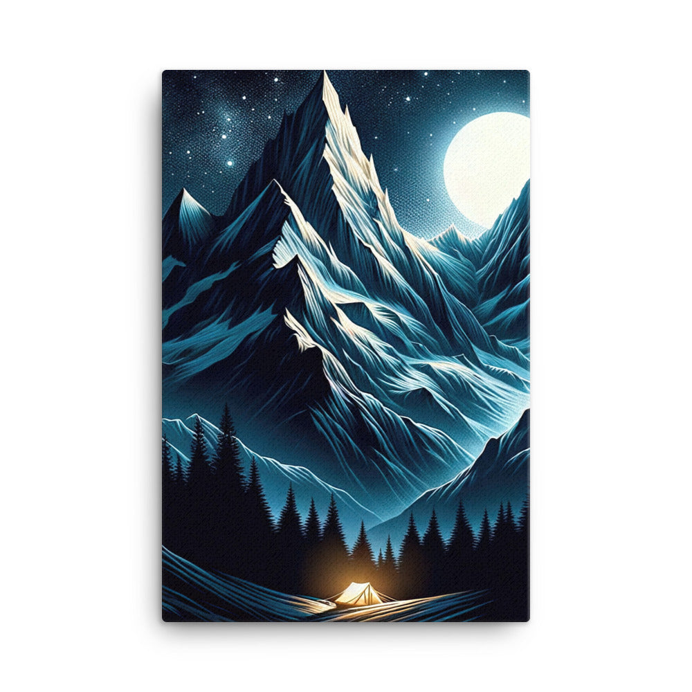 Alpennacht mit Zelt: Mondglanz auf Gipfeln und Tälern, sternenklarer Himmel - Leinwand berge xxx yyy zzz 61 x 91.4 cm