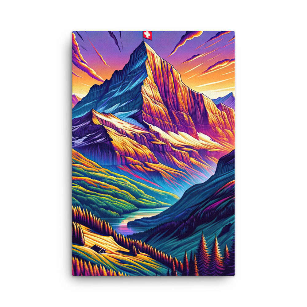 Bergpracht mit Schweizer Flagge: Farbenfrohe Illustration einer Berglandschaft - Leinwand berge xxx yyy zzz 61 x 91.4 cm