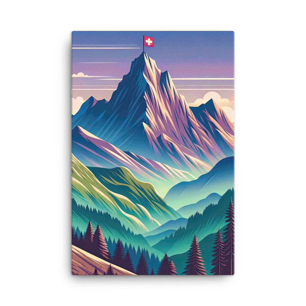 Harmonische Berglandschaft mit Schweizer Flagge auf Gipfel - Leinwand berge xxx yyy zzz 61 x 91.4 cm
