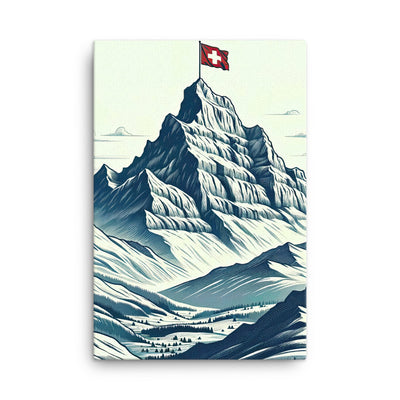 Ausgedehnte Bergkette mit dominierendem Gipfel und wehender Schweizer Flagge - Leinwand berge xxx yyy zzz 61 x 91.4 cm