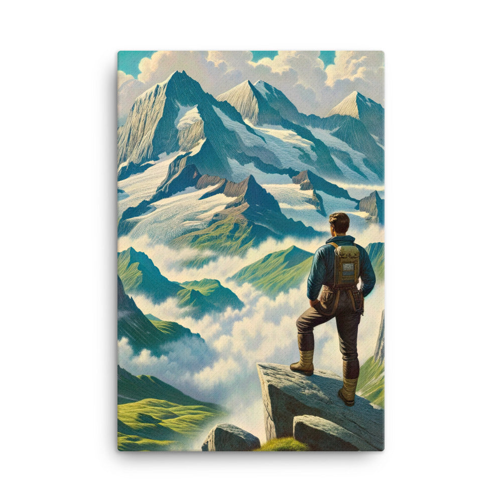 Panoramablick der Alpen mit Wanderer auf einem Hügel und schroffen Gipfeln - Leinwand wandern xxx yyy zzz 61 x 91.4 cm