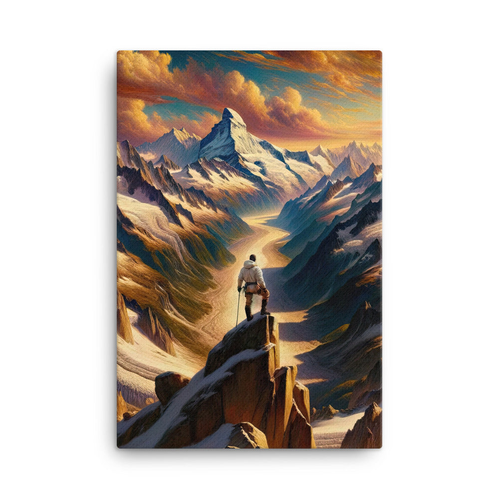 Ölgemälde eines Wanderers auf einem Hügel mit Panoramablick auf schneebedeckte Alpen und goldenen Himmel - Leinwand wandern xxx yyy zzz 61 x 91.4 cm