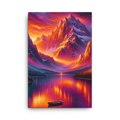 Ölgemälde eines Bootes auf einem Bergsee bei Sonnenuntergang, lebendige Orange-Lila Töne - Leinwand berge xxx yyy zzz 61 x 91.4 cm