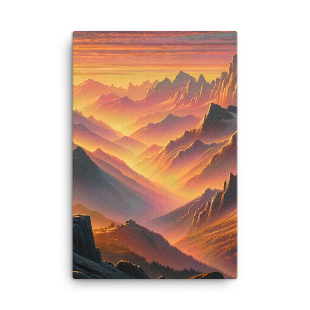 Ölgemälde der Alpen in der goldenen Stunde mit Wanderer, Orange-Rosa Bergpanorama - Leinwand wandern xxx yyy zzz 61 x 91.4 cm